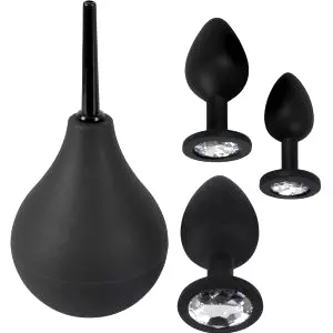 Black Velvets Anal Kit Silicone Douche + 3 Jewel Butt Plugs
