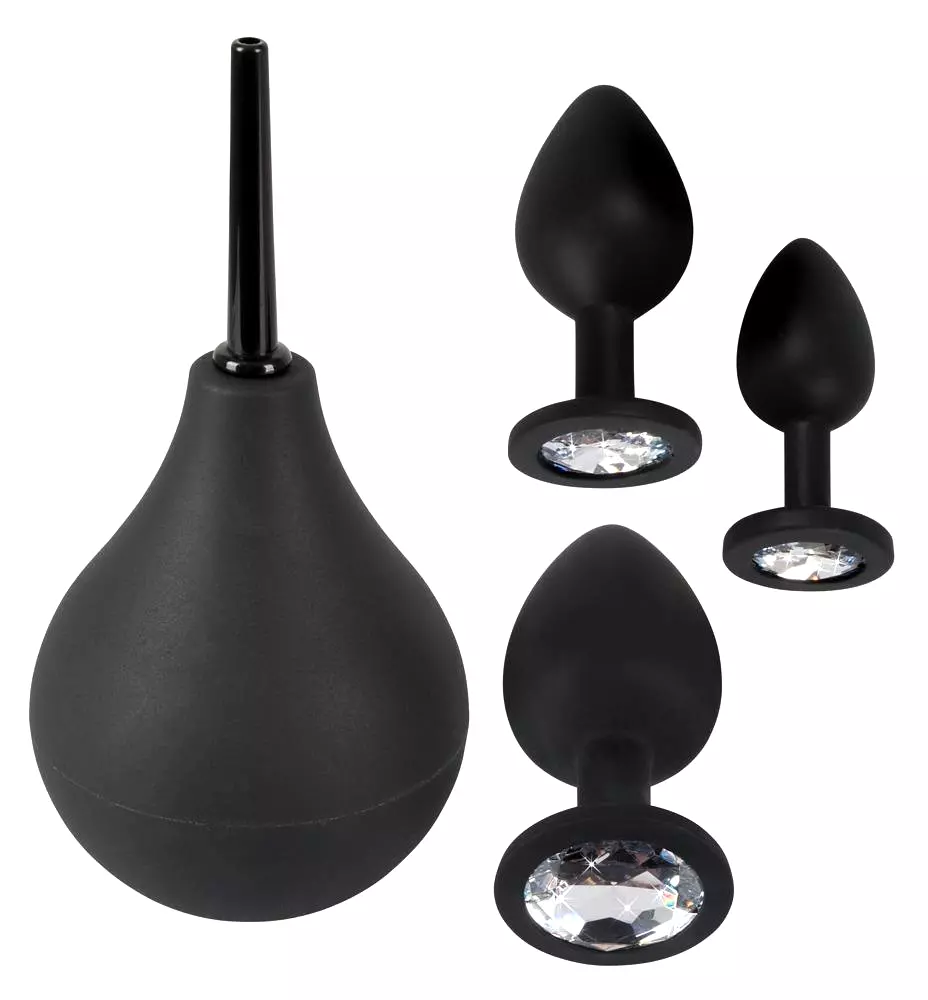 Black Velvets Anal Kit Silicone Douche + 3 Jewel Butt Plugs Black Velvets Anal Kit Silicone Douche + 3 Jewel Butt Plugs