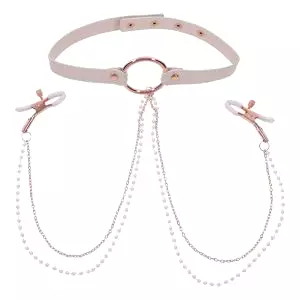 Sportsheets S&M Peaches ‘N Creame Collar With Nipple Clamps Cream