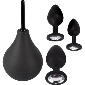 Black Velvets Anal Kit Silicone Douche + 3 Jewel Butt Plugs