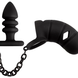 Black Velvets Cock Cage with Butt Plug
