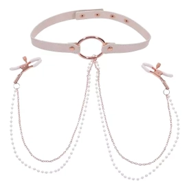 Sportsheets S&M Peaches ‘N Creame Collar With Nipple Clamps Cream
